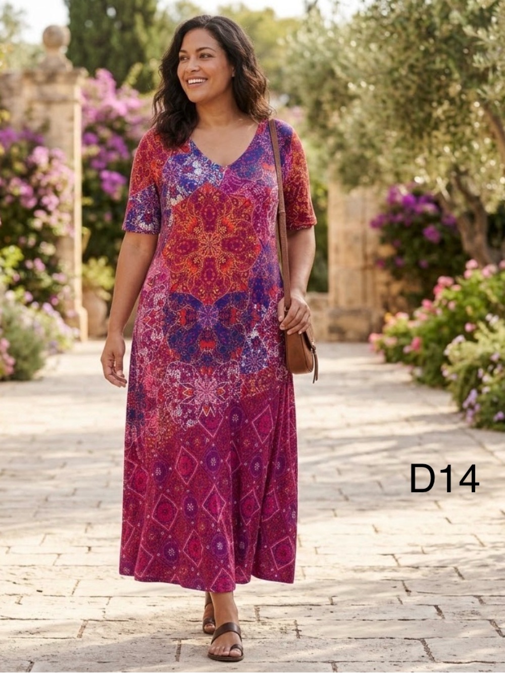 Soft Surroundings V-Neck Mosaic Floral Maxi Dress in Fuchsia and Purple,Size XL